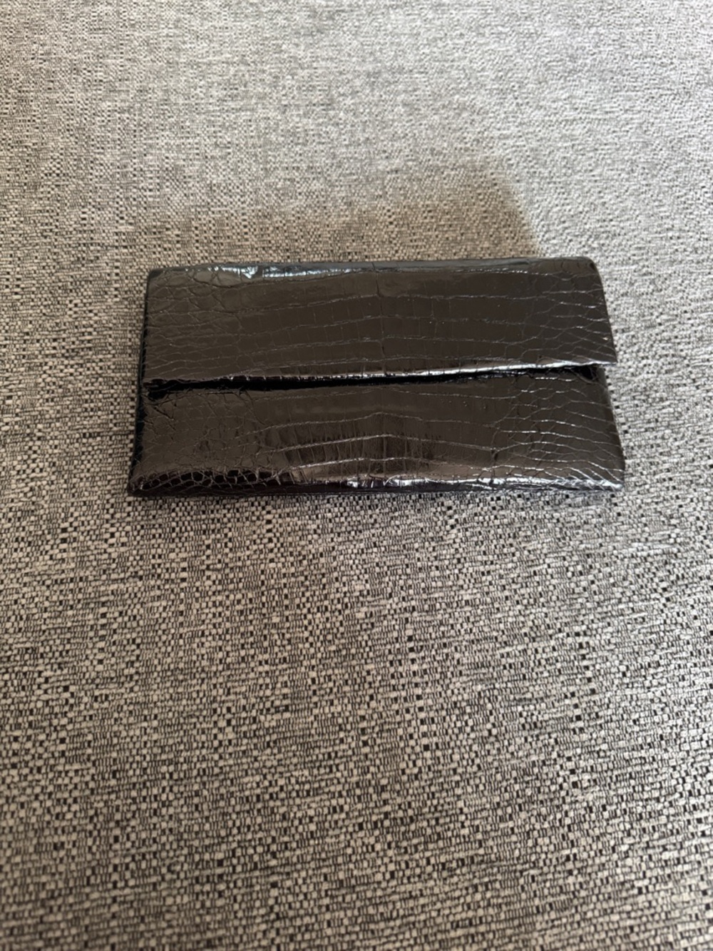 Glossy Black Croc-Embossed Patent Clutch. Genuine Crocodile